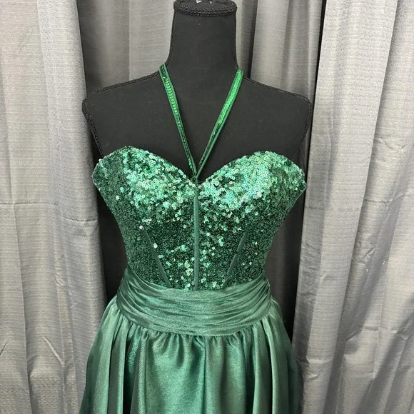 Sherri Hill Dress‎ Womens 2 Emerald Green Sequin Halter Sweetheart Prom Cocktail - Picture 2 of 16